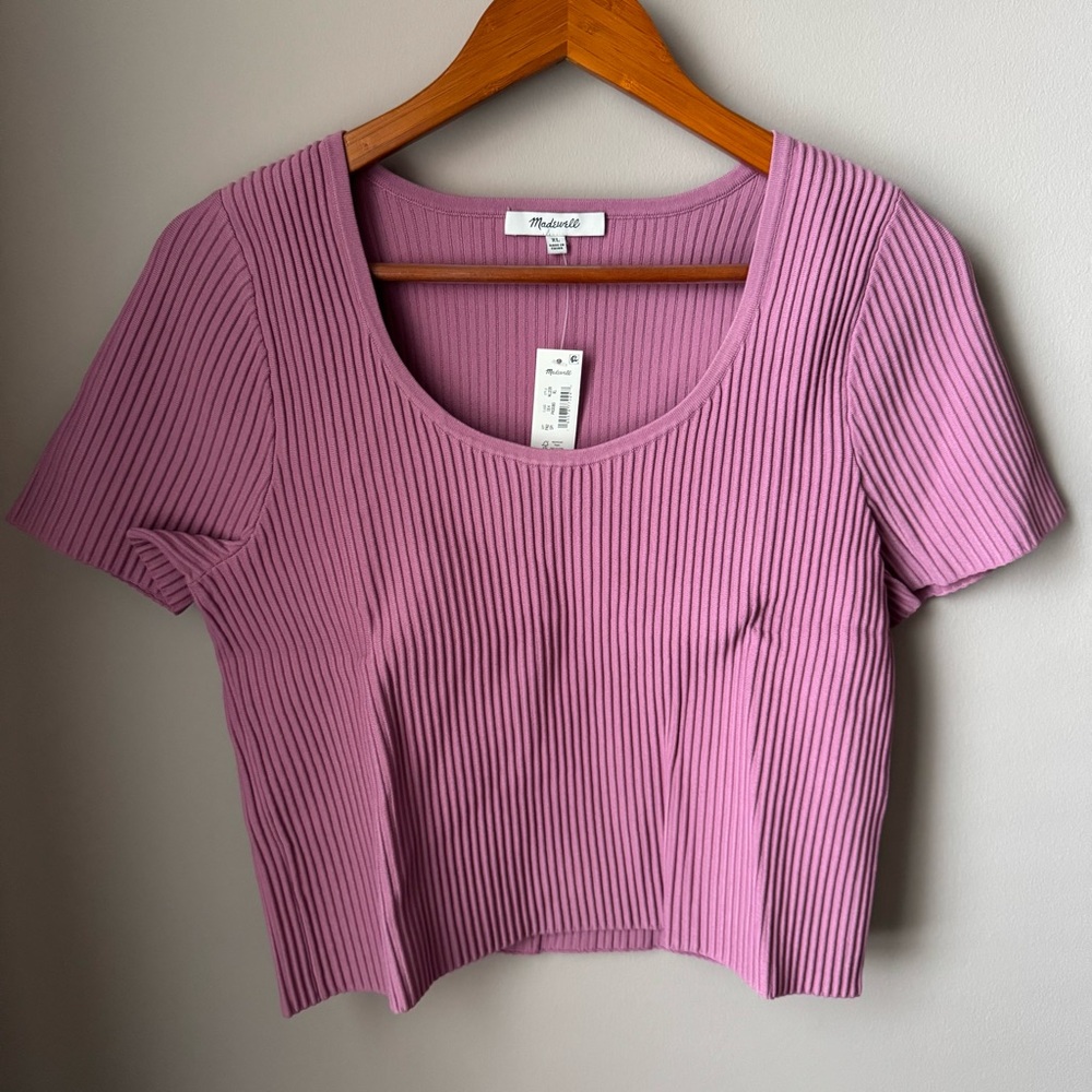 NWT! MADEWELL Ottoman Rib Scoop Neck Short Sleeve Crop Top Shaded Pink